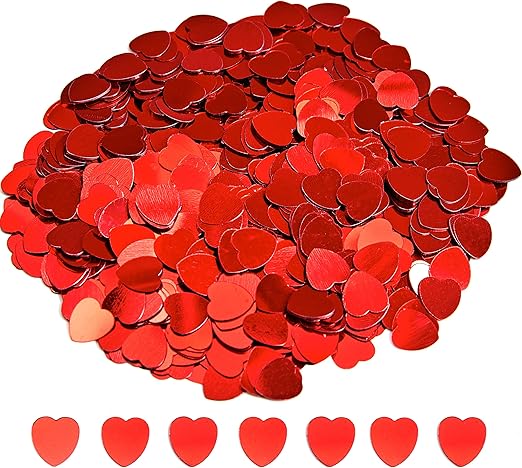 1000pc Metallic Red Love Heart Confetti for Valentines Decorations - 10mm Love Heart Confetti for Table - Shiny Red Foil Sequins as Valentines Day Decorations or Engagement Party
