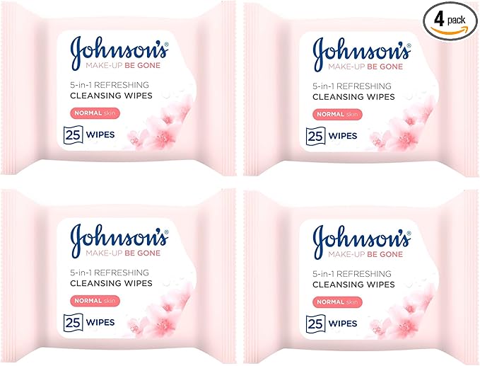 Makeup Remover Facial Wipes 4 PACK | 100 Wipes (25 x 4) Value MULTIPACK | For Waterproof Mascara | Johnsons Be Gone | Refreshing for Normal Skin Cleansing