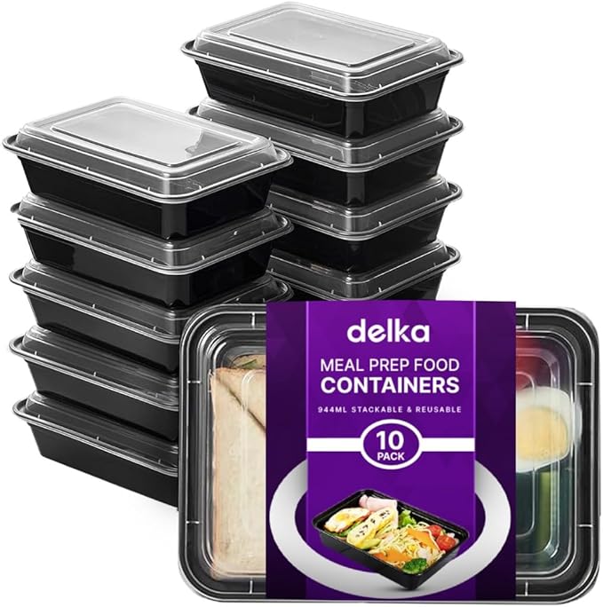 delka Meal Prep Containers -944ml | BPA-Free, Reusable Food Storage Boxes | Microwave, Freezer & Dishwasher Safe | Leakproof & Stackable for Healthy Meal Planning & Portion Control (10 Pack)