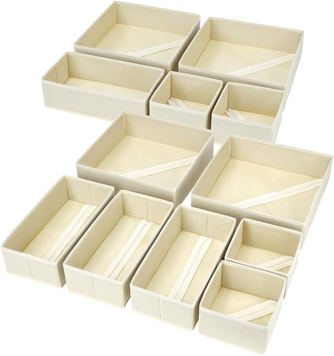 12 Pack Drawer Organisers Foldable Box - Fabric Drawer Dividers Wardrobe Storage Organiser Draw Cubes for Bras, Socks, Underwear, Ties, Chest, Bedroom, Beige