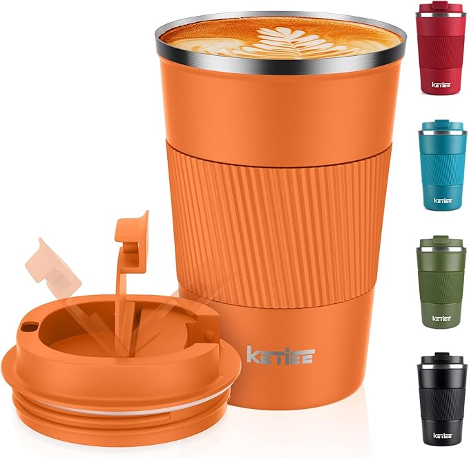 Travel Mug:KETIEE Insulated Coffee Cup with Leakproof Lid, Reusable Coffee Cups Travel, Double Walled Coffee Travel Mug, Stainless Steel Coffee Mug for Hot Cold Drinks, 380ml Orange Brown