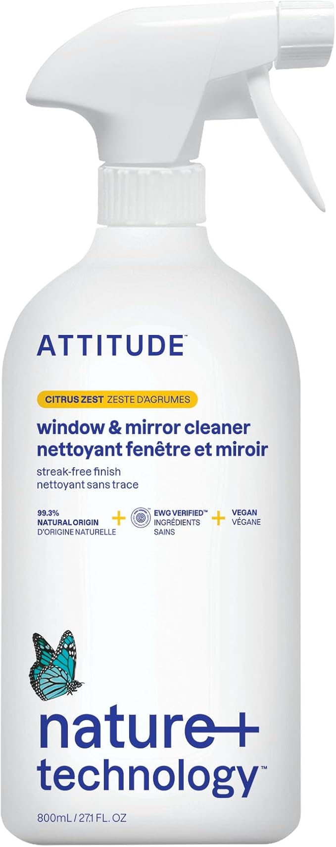 ATTITUDE Window & Mirror Cleaner, EWG Verified, Plant- & Mineral-Based, Vegan & Streak-Free Glass Spray, Citrus Zest Scent, 800 mL