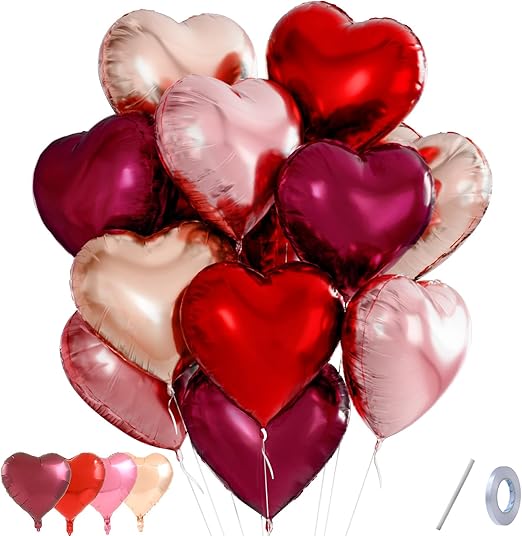 QIFU Red Pink Heart Balloons 12pcs, Dark Red Gold Pink Love Heart Balloons Valentines Balloon, Helium Foil Hearts Balloon for Romantic Valentines Decorations Anniversary Engagement Wedding Girlfriend