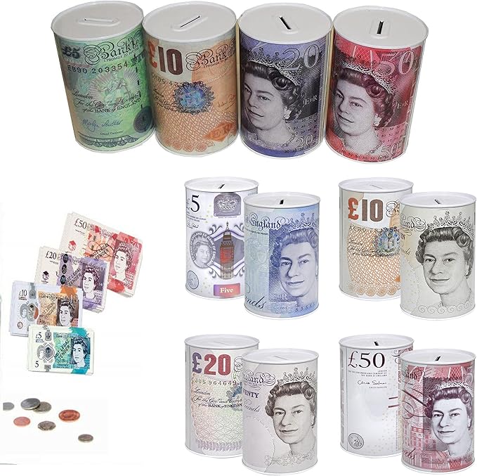 1 X Sterling Bank Note MONEY TIN -Sterling Piggy Bank, Coin Tin, Cash, Saving, Money Box, Birthday Money, Holiday & Christmas Fund (1 RANDOM Tin)