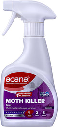 Acana Moth Killer & Freshener, Lavender, 275ml - Spray Formula, Kills Moths, Eggs & Larvae - Licensed Insecticide - Non-staining - for Carpets, Curtains & Cushions