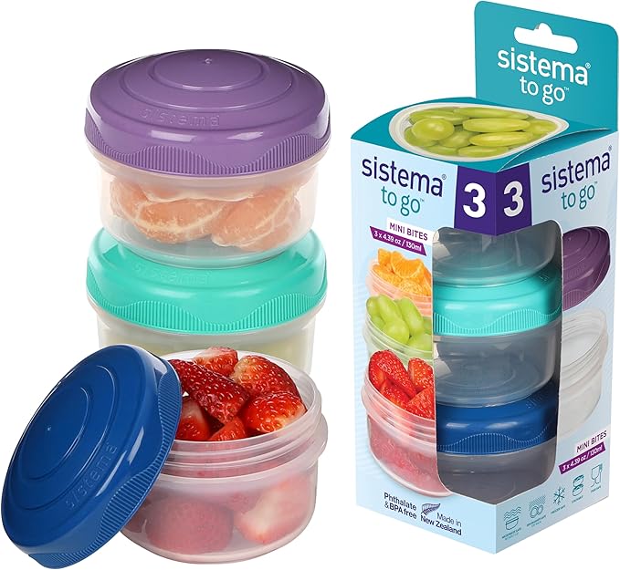 Sistema TO GO Mini Bites Snack Pots | 130 ml | Stackable Snack Boxes for Kids Travel | Food Containers with Lids | 3 Count