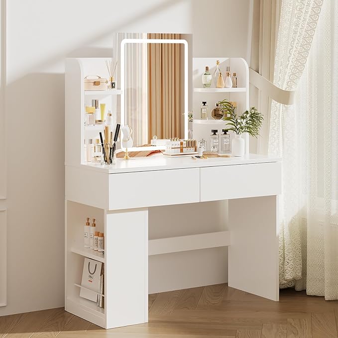 Airfish Dressing Table with LED Light,Vanity Desk with Mirror and Concealed LED Light Strip, MakeUp Desk with Two Drawers and One Sideboard (White)