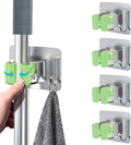 Mop Broom Holder, 4 Pcs Stainless Steel Self Adhesive Mop Holder Wall Mounted with Hooks Hanger Self-Adhesive Broom Holder for Bathroom, Kitchen, Office, Closet, Garden Garage (Green)