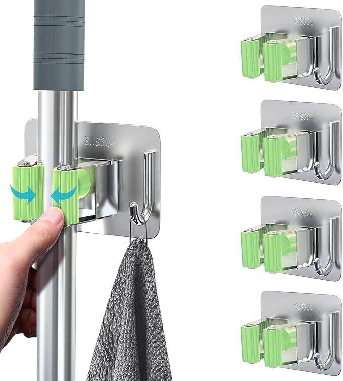 Mop Broom Holder, 4 Pcs Stainless Steel Self Adhesive Mop Holder Wall Mounted with Hooks Hanger Self-Adhesive Broom Holder for Bathroom, Kitchen, Office, Closet, Garden Garage (Green)