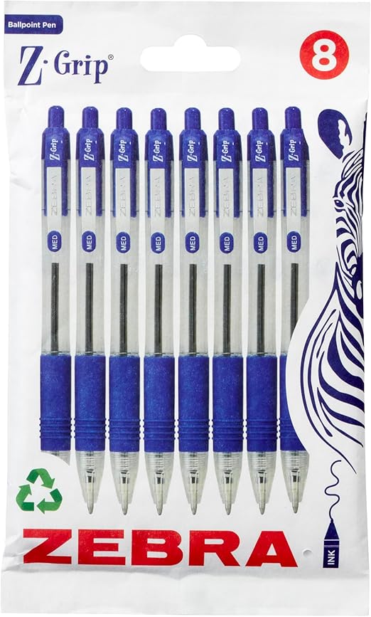 Zebra Pen Z Grip Blue Ballpoint Pens with Pocket Clip 8pk, Retractable Blue Ink Ballpoint Pens, Reliable Blue Biro Pens Multipack for Everyday Use, New Pack Size 8pk