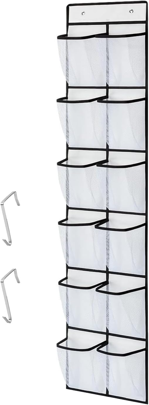 CORTNEY Over the Door Hanging Shoe Storage Holder Organizer, 12 Large Mesh Pockets, 2 Hooks for Shoe & Gadget Storage