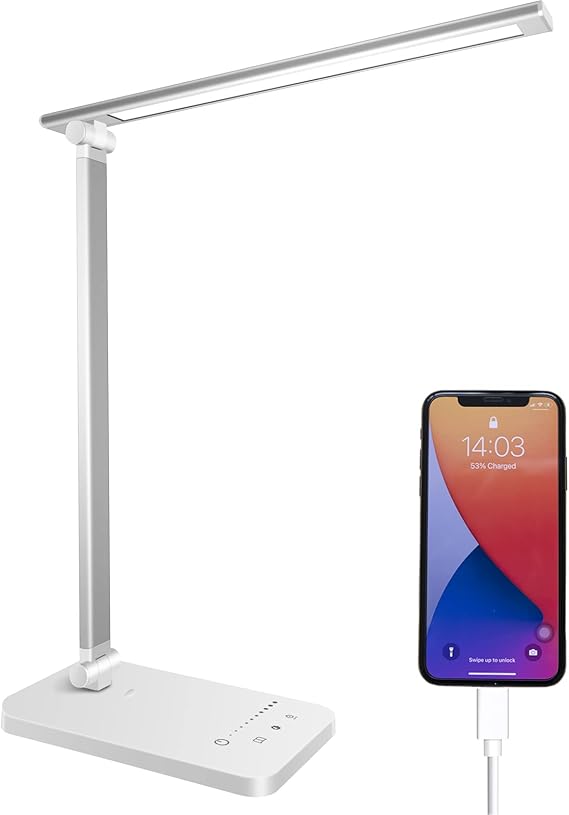 Desk Lamp, LED Table Lamps with USB Charging Port, 5 Color Mode,5 Brightness Level, Touch Control, 45 Min Auto Timer, Relax Mode, Daylight Bedside Light for Home Office Study Bedroom Nail Kids