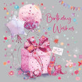 Cherry Orchard Ladies Birthday Card, Birthday Wishes, charming pink gift and vibrant balloons design, complete with envelope
