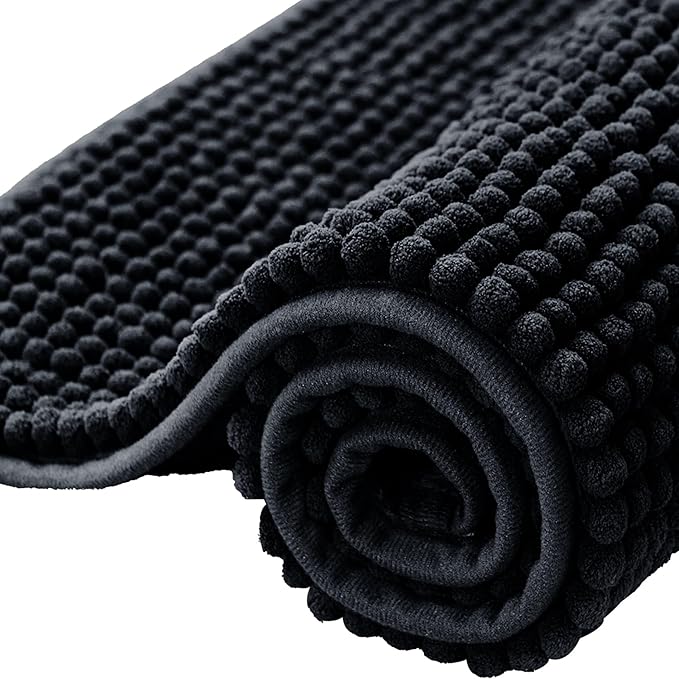 Bath Mat Non Slip Anti Mould 40 x 60 cm – Black Chenille Bathroom Mat Extra Soft & Fluffy Bathmat Machine Washable Super Water Absorption Shower Mat