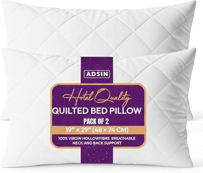 Quilted Bed Pillows 2 Pack Hotel Quality, Hypoallergenic & Breathable Cover, Soft & Supportive Bounce-Back Hollowfibre Luxury Pillows for Stomach, Back & Side Sleep, Standard Size - Pack of 2
