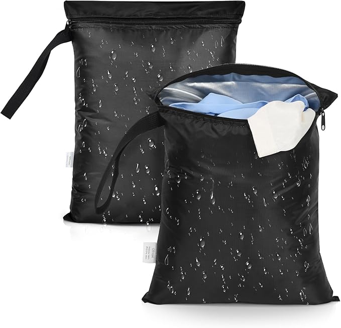 OTraki 2 Pack Wet Bags for Swimming Travel Laundry Bag Nappy Bag Dirty Wet Clothes Bag Waterproof Storage Bags for Gym Swimsuit Workout Yoga Beach Pool (12 x 14 inch), Black