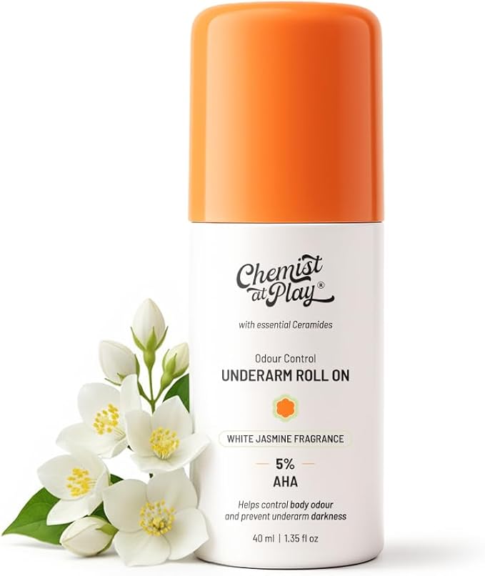 Chemist at Play UnderArm Roll-On with 5% AHA|Lactic & Mandelic Acid|Prevents Odour, Brightens Skin & Exfoliates Underarm|For Sensitive Skin|White Jasmine Fragrance|Alcohol & Aluminium Free| 40ml