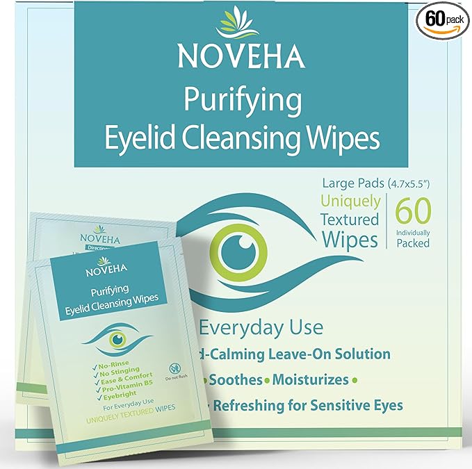 Antimicrobial Eyelid & Lash Wipes | For Itchy, Dry Eyes, Styes & Blepharitis, Gentle & Natural 0.02% Pure Hypochlorous Acid Cleansing Wipes, Hypoallergenic & Soothing For Sensitive Eyes, Pack of 60