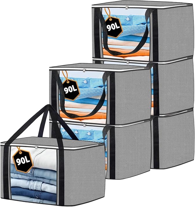 Storage Bags Clothes 6 Pack Grey, Large Moving Boxes With Top Lid 90L Capacity, 3 Sided Zipper Storage Box. Dust/Mites & Moisture Proof 60 x 43 x 35cm