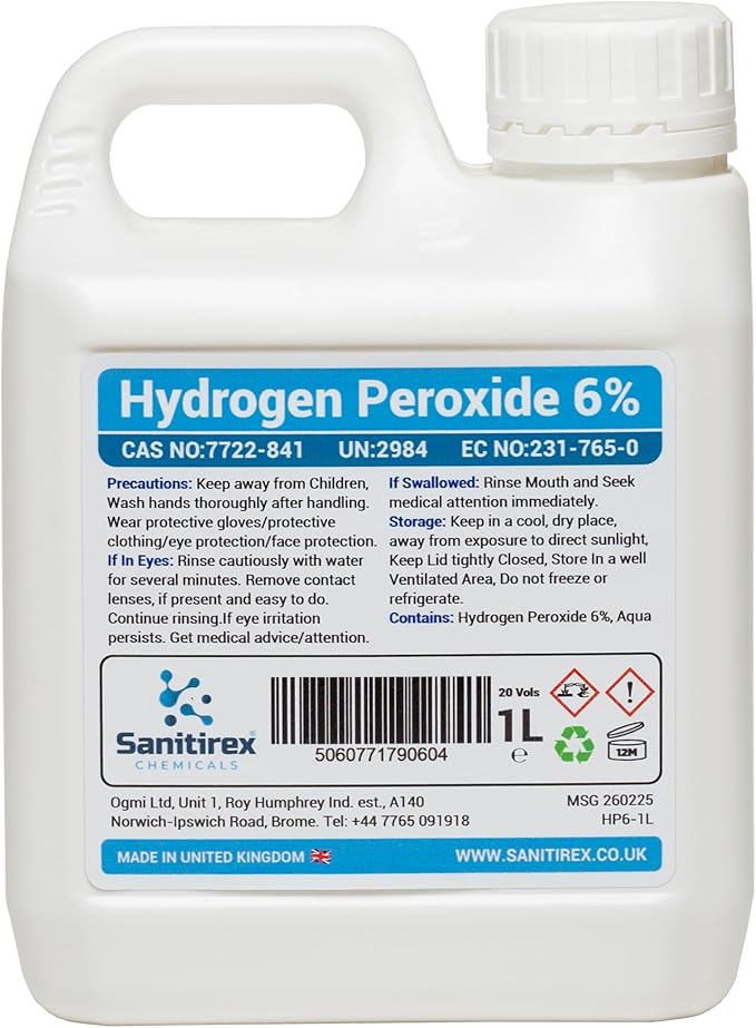 Hydrogen Peroxide 6% 20 Vols. 50ml 500ml 1L 5L Litre for Cleaning Disinfecting Bleaching (1L)