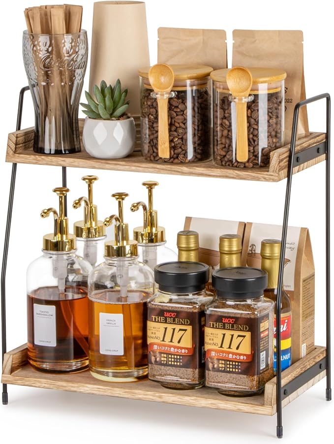 Coffee Station Organizer for Countertop, 2 Tier Coffee Bar Accessories and Organizer, Wooden Kitchen Storage & Organisation, Countertop Organiser for Kitchen, Home, Office - Brown