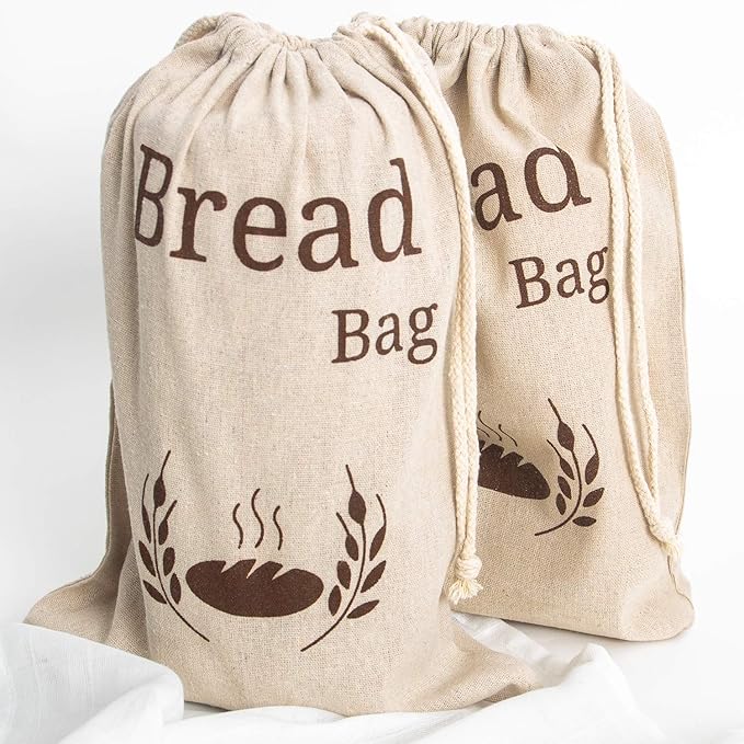 2 Pack New Living Natural Linen Bread Bag | Organic Blend | 2 x Reusable Bread Bags | Food Storage Bag | Bread Storage Bags | 38x30 cm | Eco Bread Bag