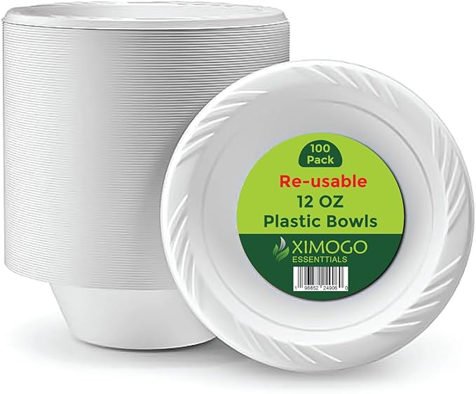 Pack of 100 White Plastic Bowls – 12 OZ, Washable & Reusable –Microwaveable- Perfect for Parties, Dessert, and Picnic Tableware.Reliable,Stackable,Reuseable and Light Plastic Bowls.