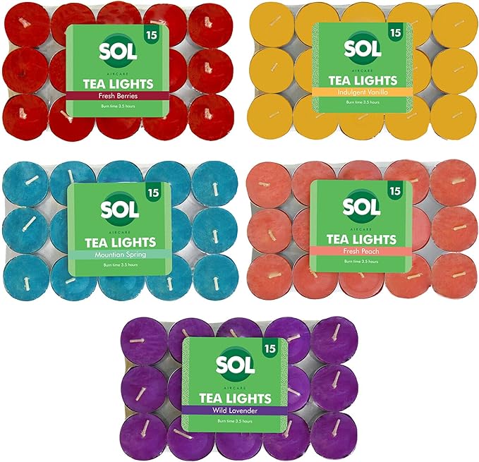 SOL 60pk Mixed Scented Tea Light Candles Long Burning – 3.5 Hour Burn Time, Fresh Berries, Lavender, Fresh Peach, Mountain Spring, Vanilla, Ideal for Home, Spa, Weddings, Anniversaries & Cosy Evenings