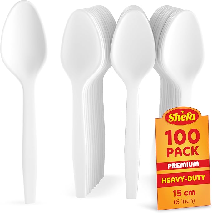 Shefa 100 Premium Spoons, Heavy Duty Spoons, Microwave-Safe Tablespoon, 6" Long for Birthday, Parties, Camping