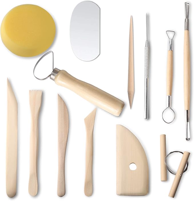 Clay Tools 13 Pcs Pottery Tools Kit Wood and Metal Polymer Clay Tools Sculpting Tools Clay Modelling Tools for Adults Beginners Pottery Ceramics Sculpture,Carving,Scraper
