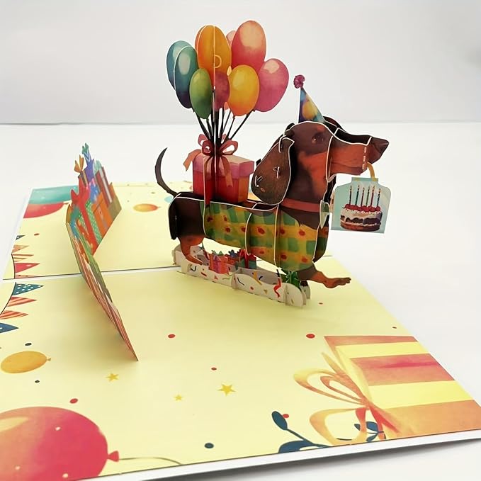 3D Pop-Up Dachshund Greeting Card with Balloons, Cute Birthday Card for Dog Lovers, Includes Envelope
