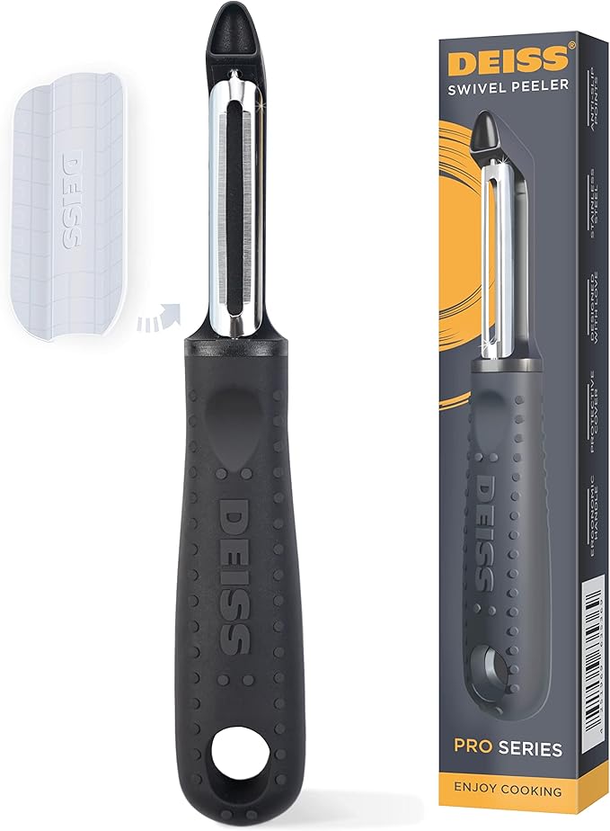 Deiss PRO Swivel Vegetable Peeler - Sharp Stainless Steel Peeler with Easy Non-Slip Hand Grip, Potato Peelers for Kitchen, Fruit, Carrot, Apple, Veggie, Kiwi, Durable, and Dishwasher Safe (Black)
