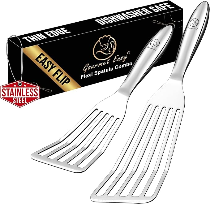 Fish Spatula Stainless Steel Combo, 1 Large Fish Turner Spatula + 1 Small Griddle Flipper, Metal Flipper for Kitchen Use, with Thin Edge Ideal for Turning & Flipping