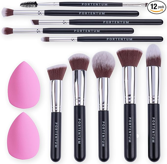 PORTENTUM Makeup Kit - 12Pcs Premium Synthetic Kabuki Foundation Face Powder Concealers Eyeshadow Blush Brushes Set