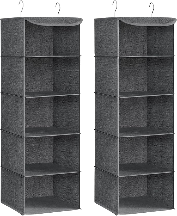 SONGMICS Wardrobe Organizer, Set of 2, Hanging Closet Bag, Foldable, Space Saving, with Metal Hooks, Bamboo Reinforcement, Linen Pattern, Grey RCH005G02
