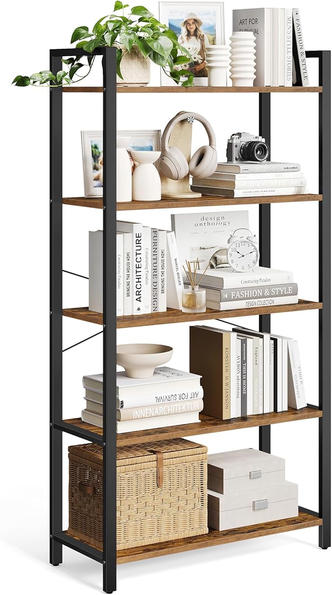 VASAGLE 5-Tier Bookshelf, Bookcase, Shelving Unit, for Office, Study, Living Room, Bedroom, 30 x 80 x 153 cm, Industrial, Rustic Brown and Ink Black LLS081B01