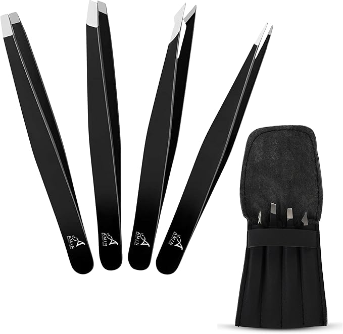 Tweezers for Facial Hair Best for Plucking Chin Facial Hair Plucking Tweezers Set for Ingrown Hair, Blackhead Removal, Eyelash Extension, Eyebrows Plucking Beauty Tool Hair for Women (Black) (4 Pcs)