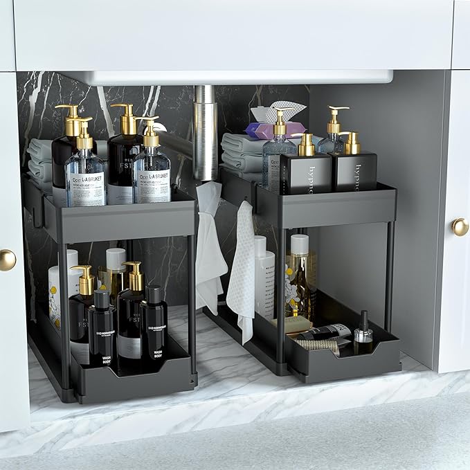 DEKAVA Under Sink Storage 2 Pack, 2 Tier Sliding Organiser, Multi-Purpose Shelf Organiser, Pull Out Cabinet Basket Drawer (Black)