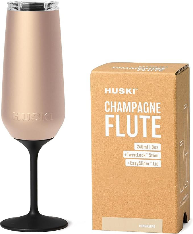 Huski Champagne Flute | New | Award-Winning Design with Detachable Stem | Premium Stainless Steel Champagne Glass with Lid | Triple Insulated Tumbler | 240ml Capacity | Great Gift (Champagne)