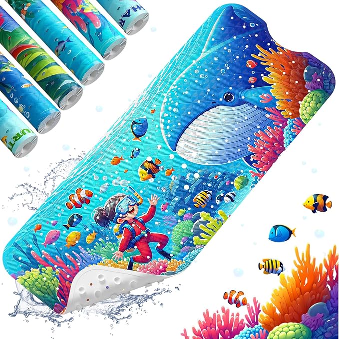 XIYUNTE Baby Bath Mats Non Slip Anti Mould - 100x40cm Extra Long Non Slip Bath Mat for Kids, Eco-Friendly Toddler Bath Mat with Suction Cups for Secure Grip, Easy to Clean & Easy Drying, Blue Shark