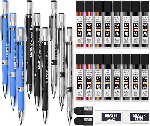 Nicpro 29PCS Colors 2mm Mechanical Pencil Set, 9PCS Artist Propelling Drafting Clutch Pencil 2.0 mm for Art Drawing Sketching with 16 Tube HB 2B Color Refill, Eraser, Sharpener, Propelling Lead Holder