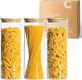 ComSaf 1.9L Glass Spaghetti Pasta Storage Container with Lids Set of 3, Tall Clear Airtight Food Storage Jar with Cover Kitchen Pantry Storage Container for Noodles Flour Cereal Coffee Beans