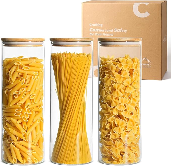 ComSaf 1.9L Glass Spaghetti Pasta Storage Container with Lids Set of 3, Tall Clear Airtight Food Storage Jar with Cover Kitchen Pantry Storage Container for Noodles Flour Cereal Coffee Beans