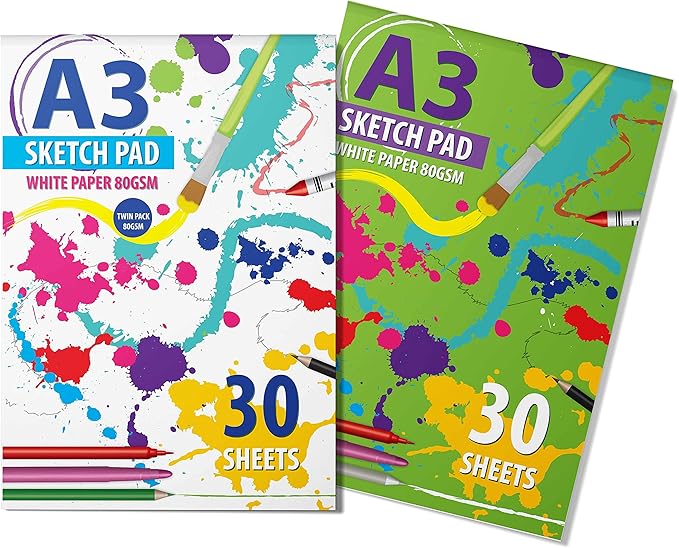 G4GADGET 2 Packs of A3 Sketchbook Drawing Paper - Kids Coloring Book and Art Paper - Easy to Use Doodle Pad with 80 GSM 30 Sheets Each Total 60 Sheets,Packaging May Vary