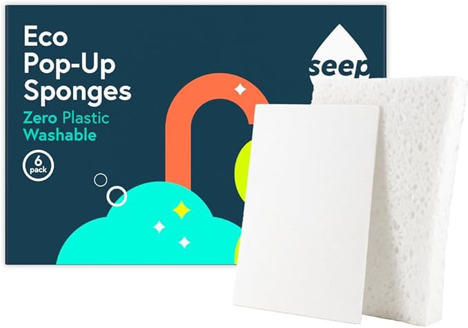 Seep Pop-up Eco Cleaning Sponges - For Kitchen Bathroom Dishwashing Washing Up - Plastic Free - 100% Natural Cellulose - Compostable - 6 Pack