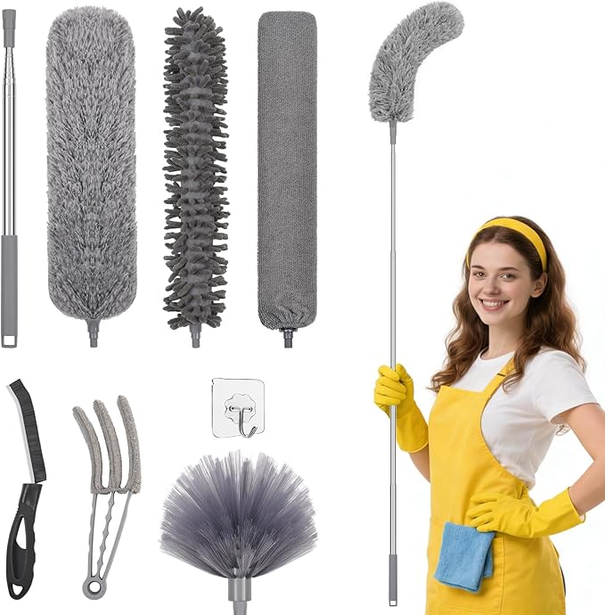 Apasiri 8 PCS Extendable Duster Cleaning Kit, Telescoping Pole for High Ceiling, Microfiber & Chenille Dusters, Cobweb Brush, Crevice Cleaner, Blind Cleaner, Washable Dusting Tools for Home
