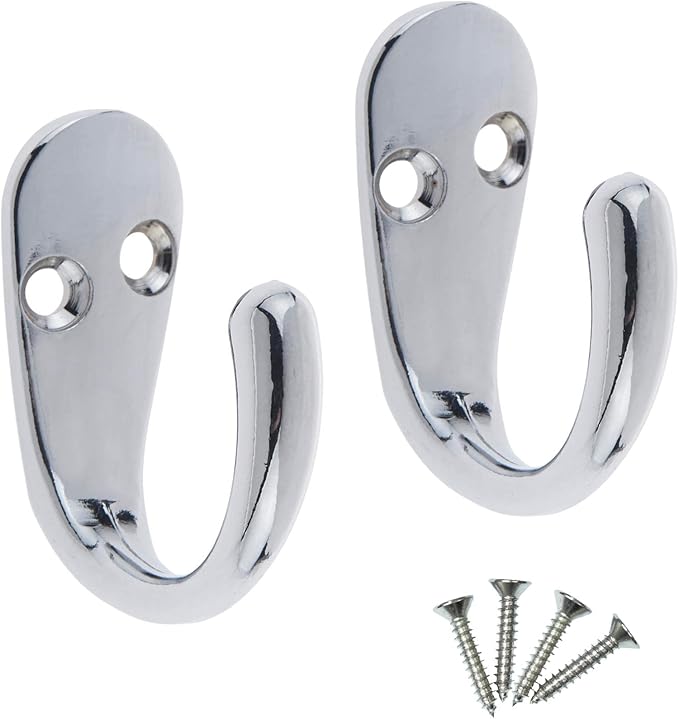 2X Single Robe Coat Hooks with Screws, Chrome Finish, Door & Wall Mountable for Bathroom Bedroom Living Room Hallway (Pack of 2)