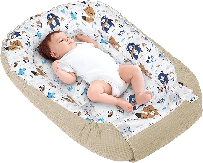 Medi Partners Baby Nest Pod for Newborn Babynest Sleep Bed - 100x60x15 Lounger Essentials 0-12 Months sleeping bilateral Cocoon 100% Cotton Waffle (Boho with brown Waffle)