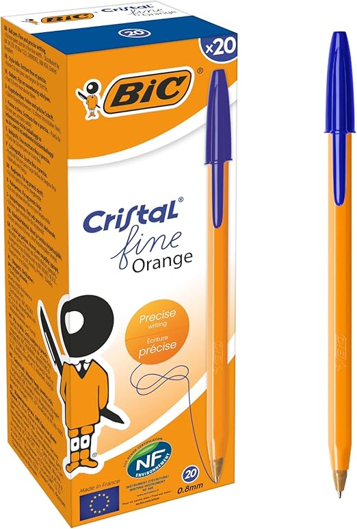 Bic Orange Fine Ballpoint Pens, Fine Point (0.8 mm), Blue Ink, Box of 20 - Writing Pens with Long-Lasting Ink, 8099221
