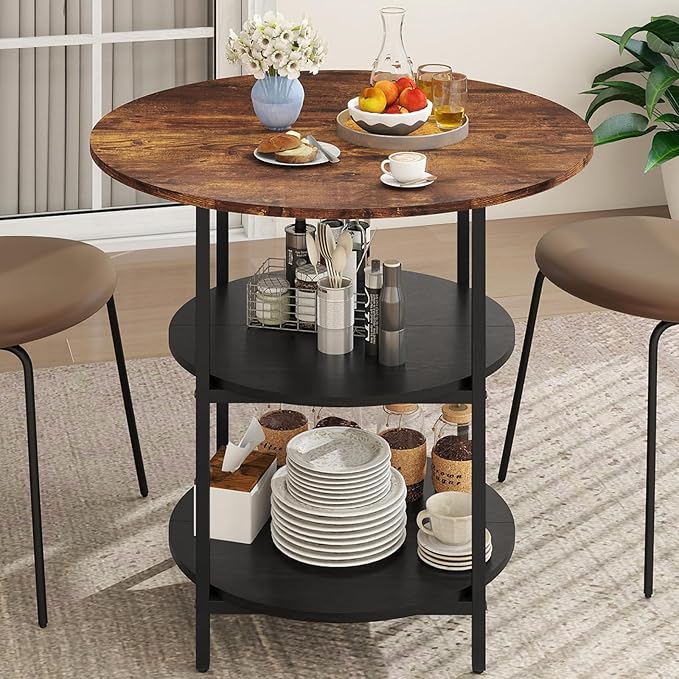 ARTETHYS Dining Table, Round Kitchen Table for 2-4 People, 80cm Wooden Dining Tables with 2 Storage Shelves, Metal Legs Curved Edge for Restaurant Home